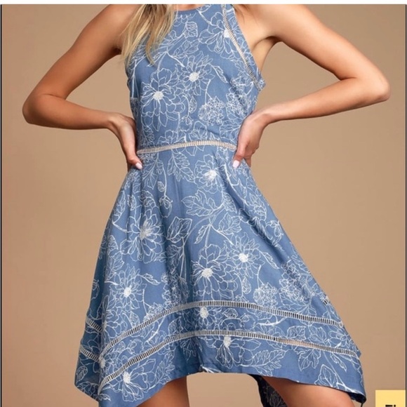 Lulus Dress Blue Floral Bahama Mama Linen Blend M Sleeveless Handkerchief Hem - Picture 1 of 8